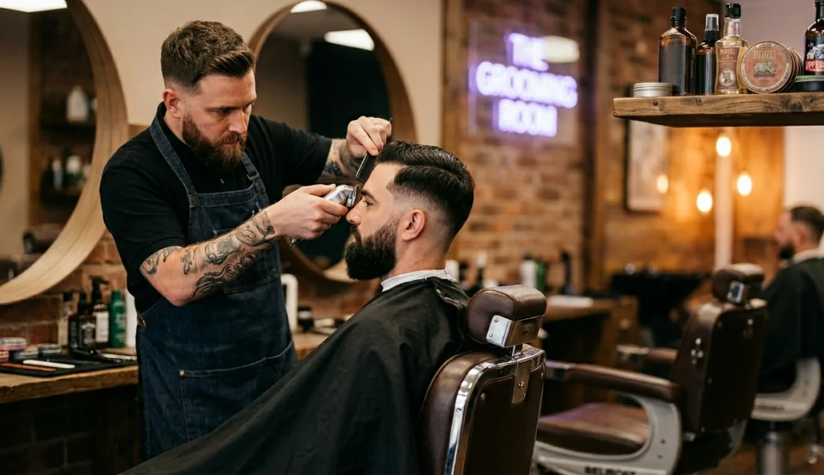 Barber working in a modern barbershop managed with ZenBookr