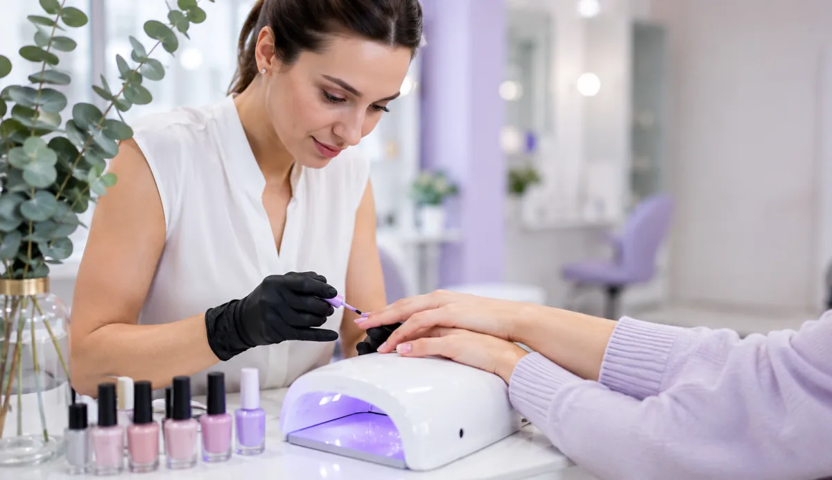 Nail artist al lavoro in un nail salon moderno gestito con ZenBookr