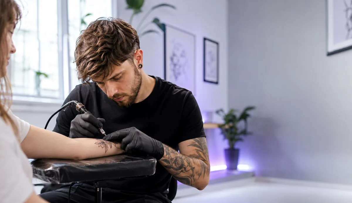 Tätowierer bei der Arbeit in einem modernen Tattoo-Studio mit ZenBookr