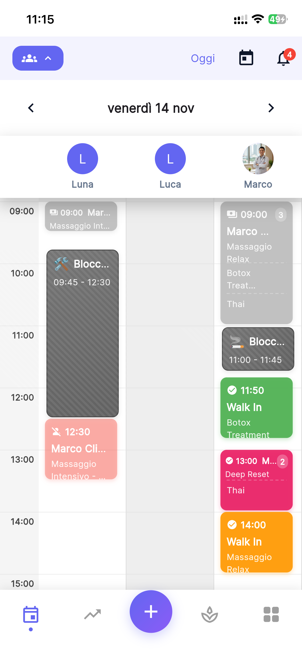 Screenshot ZenBookr calendario appuntamenti settimanale con vista drag and drop per spa, parrucchieri e centri benessere