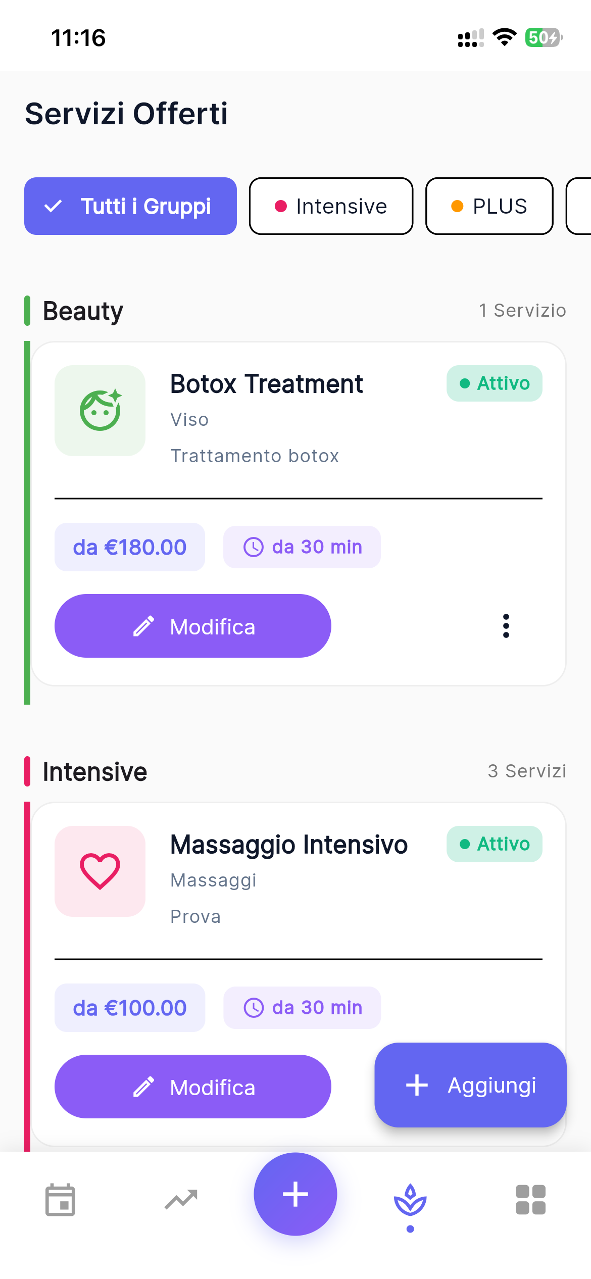 Screenshot ZenBookr gestione servizi e catalogo prezzi per parrucchieri, estetiste e professionisti del benessere